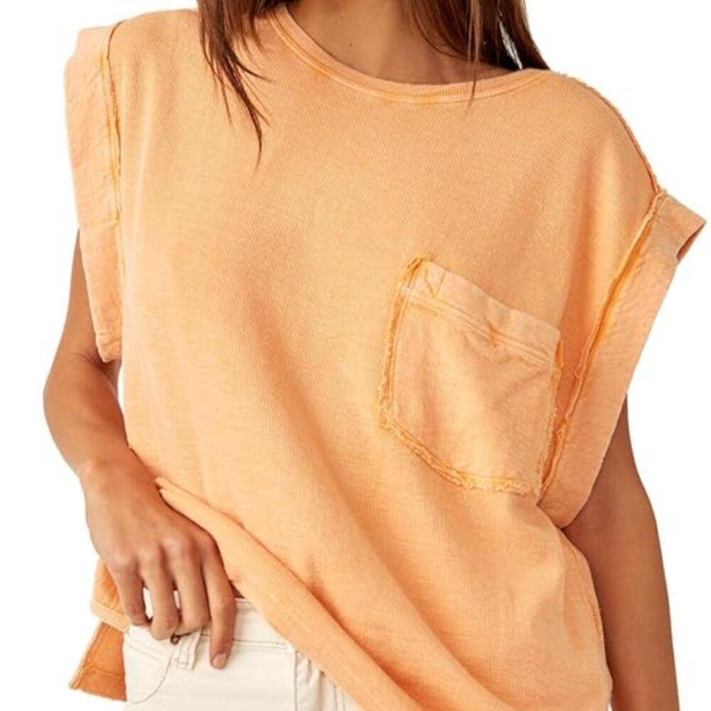 Free People Tee Shirt our time slouchy womens Orange large oversized boho casual